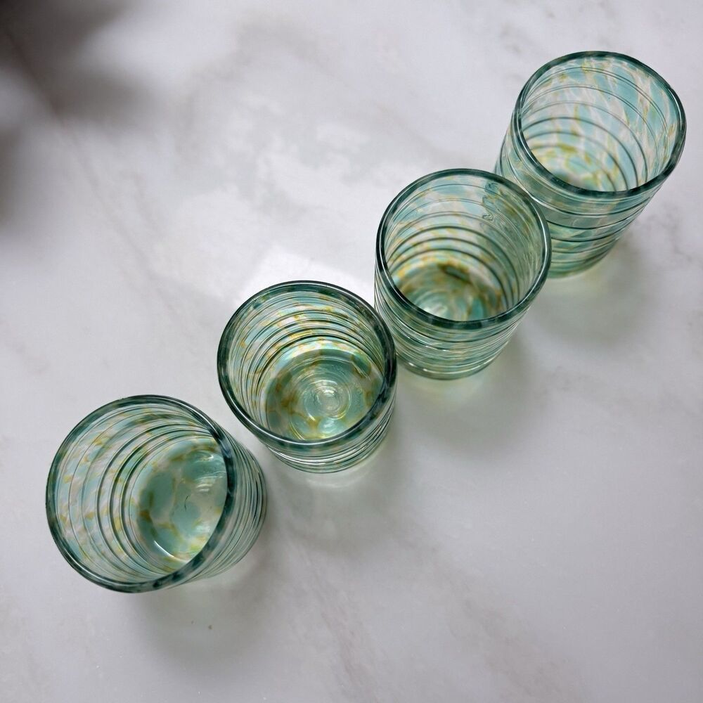 Set (4) VTG Signed David Lindsay 2002 Art Glass Tumblers Seafoam & Gold Torcello - Picture 4 of 12